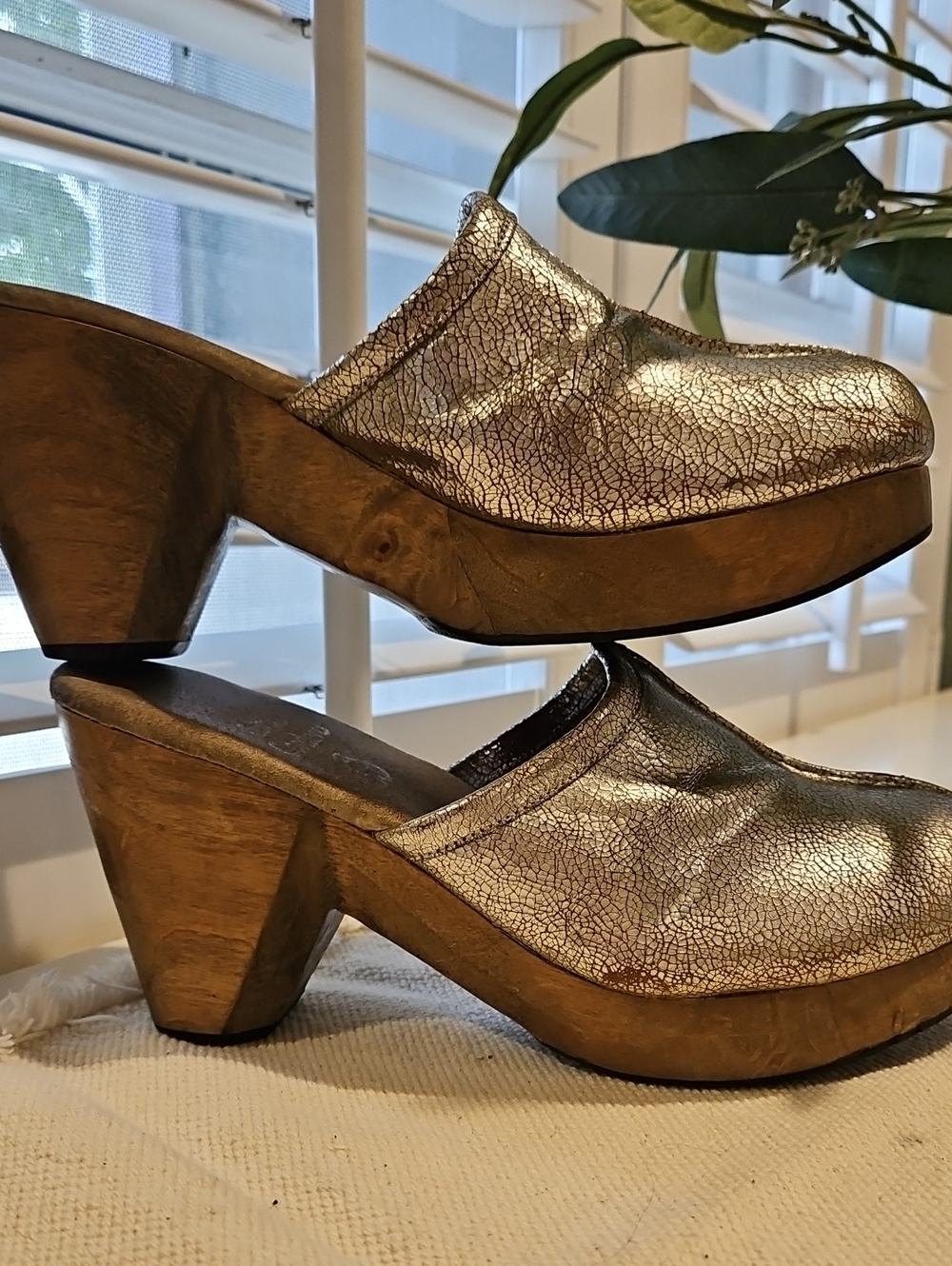 Clogs Women's Silver Crackle Leather Unique Clogs 0062